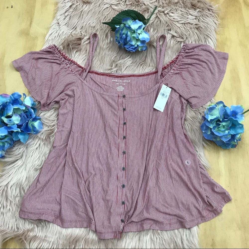 Red White Striped Button Up Open Shoulder Top